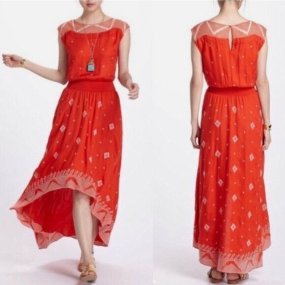 Anthropologie x Floreat Nanette Embroidered Asymmetric Hi Lo Maxi Dress Poppy 6 - Picture 2 of 16